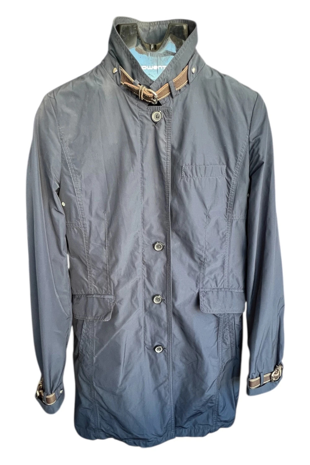 Tommy Hilfiger navy trench coat with premium zippers, buttons, and classic Old Money style.