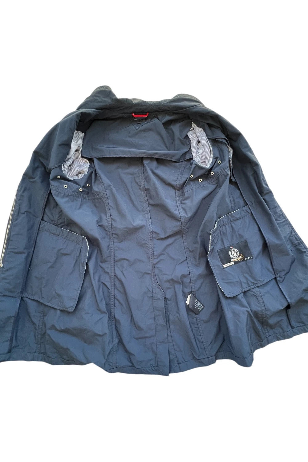 Tommy Hilfiger navy trench coat with premium zippers, buttons, and classic Old Money style.