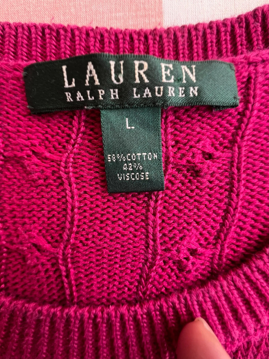 Ralph Lauren purple cable knit sweater, casual style, old money aesthetic, cotton blend.