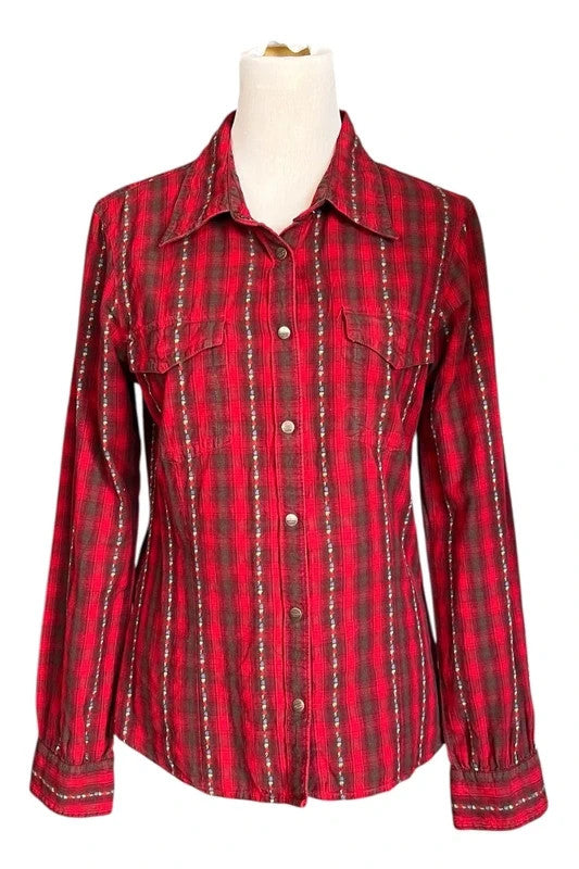 Tommy Hilfiger tunic blouse burgundy red checkered pattern vintage Y2K style.