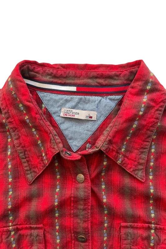 Tommy Hilfiger tunic blouse burgundy red checkered pattern vintage Y2K style.