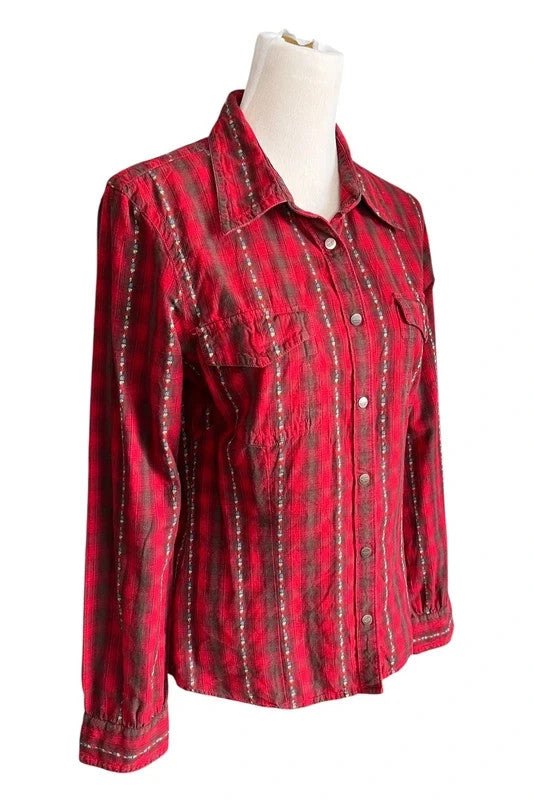 Tommy Hilfiger tunic blouse burgundy red checkered pattern vintage Y2K style.