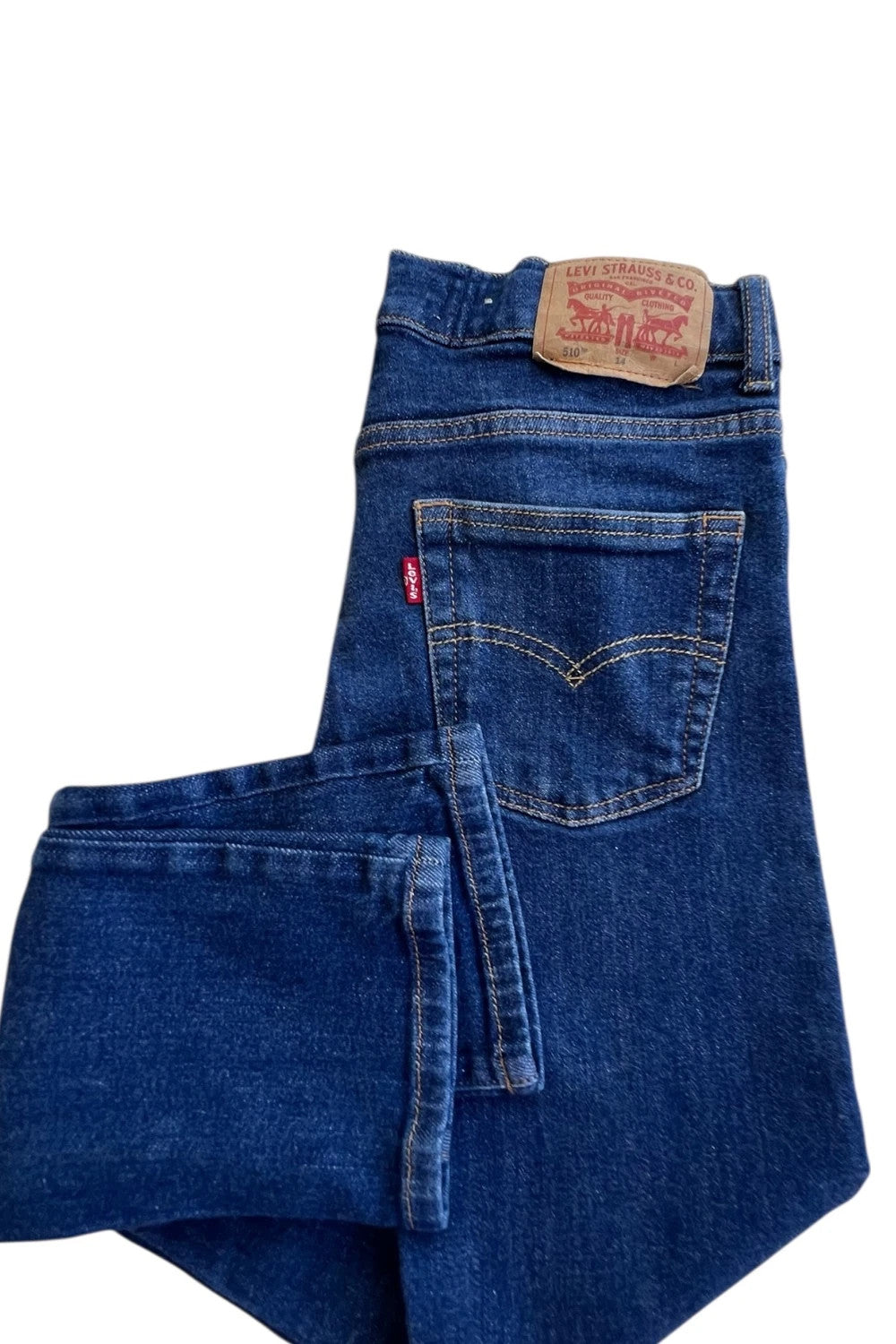 Levi's navy straight jeans with basic denim design and casual stretch fabric.