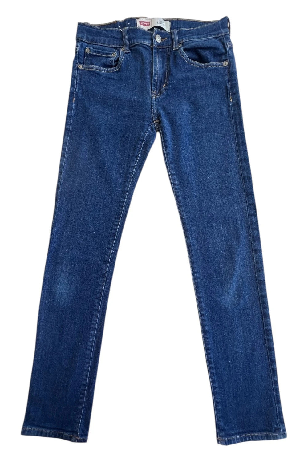 Levi's navy straight jeans with basic denim design and casual stretch fabric.