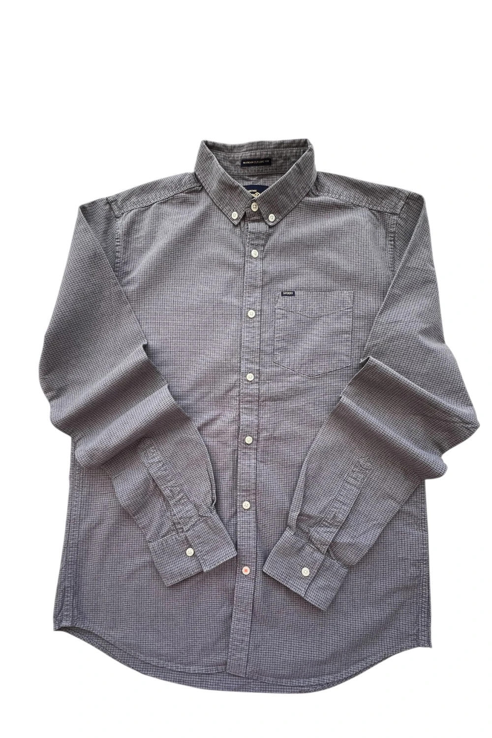 Superdry grey checkered button-down shirt, 100% cotton, Modern Classic Fit, casual style.