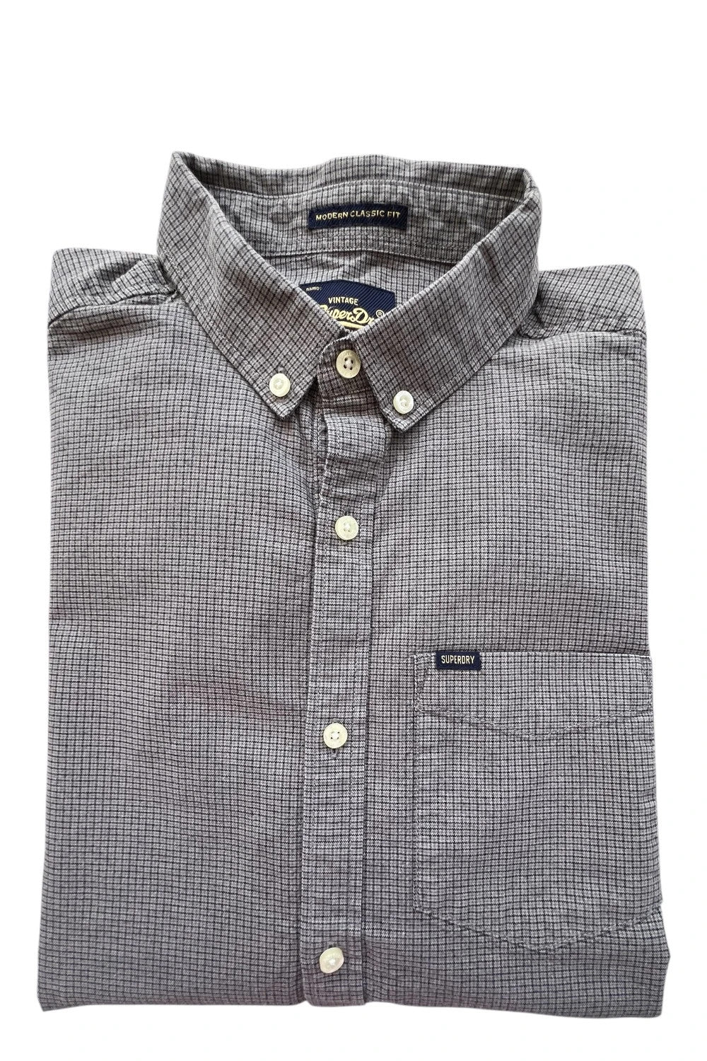 Superdry grey checkered button-down shirt, 100% cotton, Modern Classic Fit, casual style.
