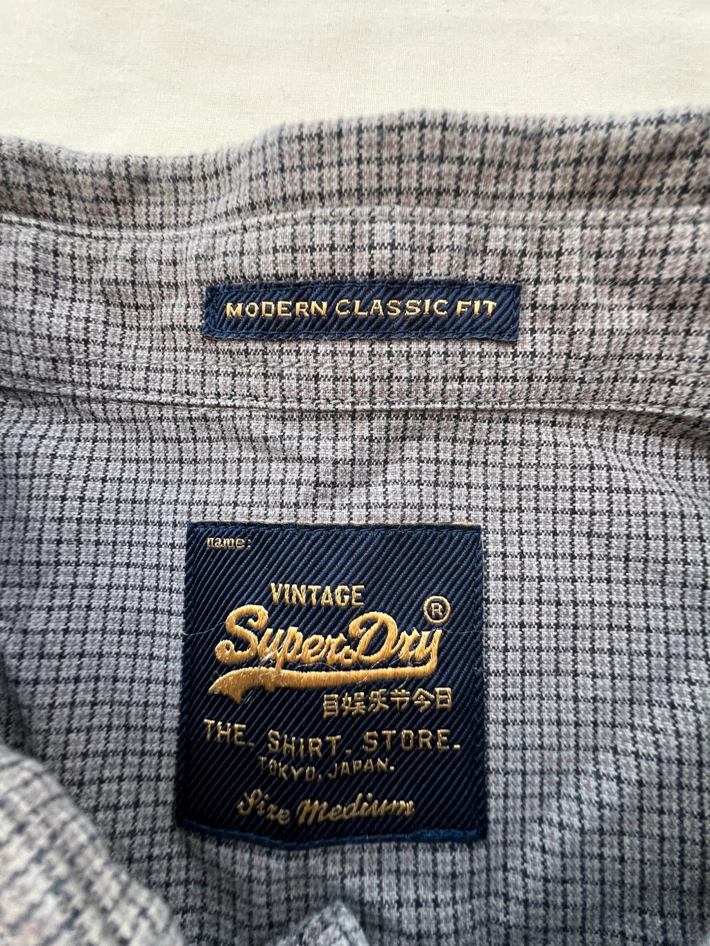 Superdry grey checkered button-down shirt, 100% cotton, Modern Classic Fit, casual style.