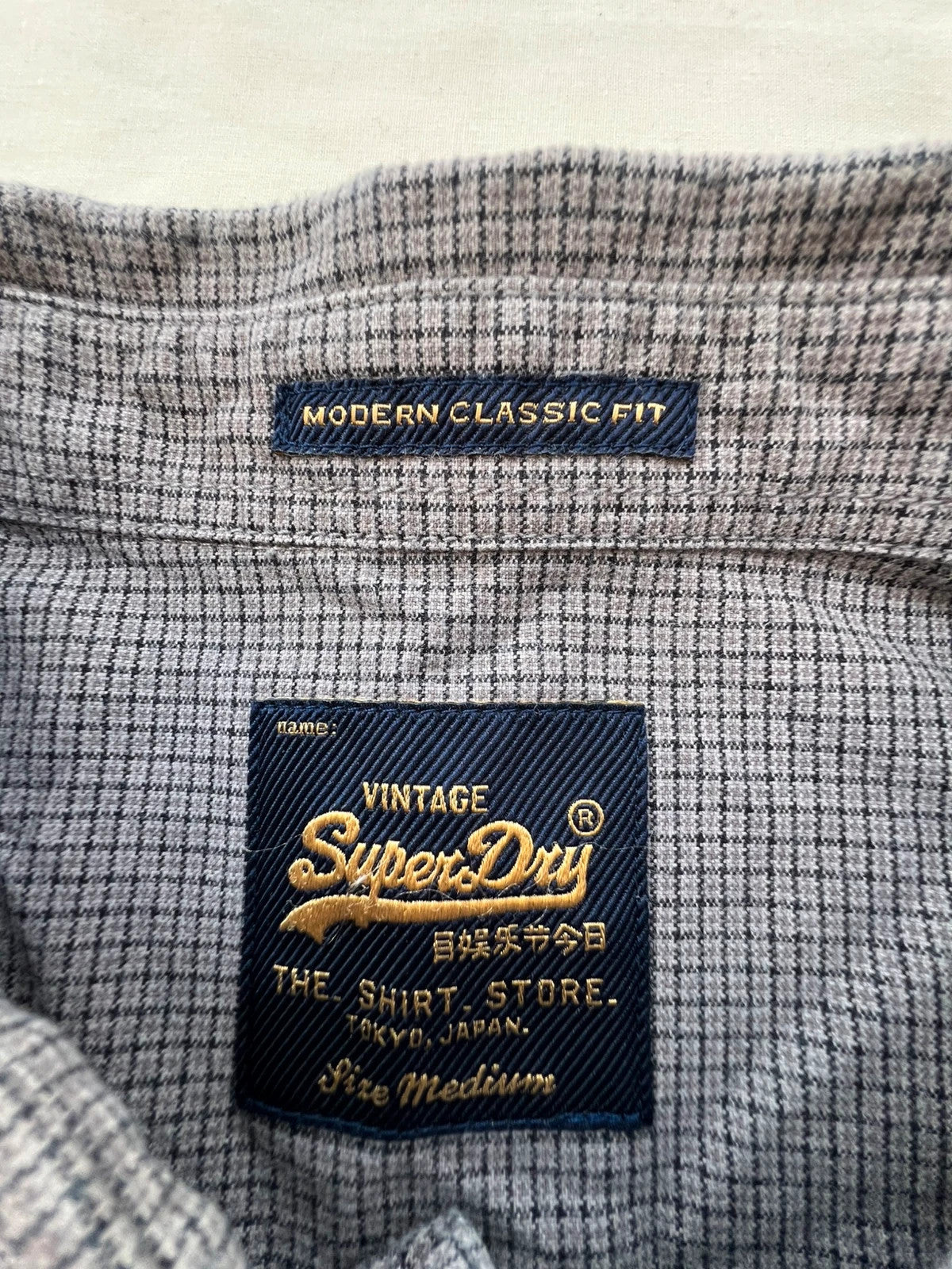Superdry grey checkered button-down shirt, 100% cotton, Modern Classic Fit, casual style.