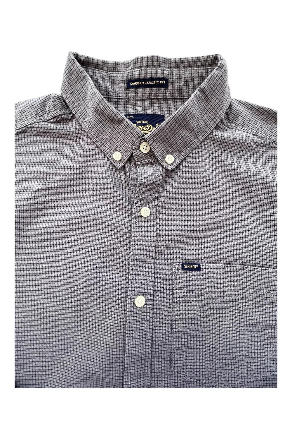 Superdry grey checkered button-down shirt, 100% cotton, Modern Classic Fit, casual style.