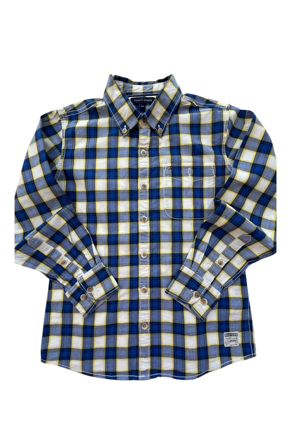 Tommy Hilfiger blue and yellow checkered button-down tunic blouse, lightweight cotton.