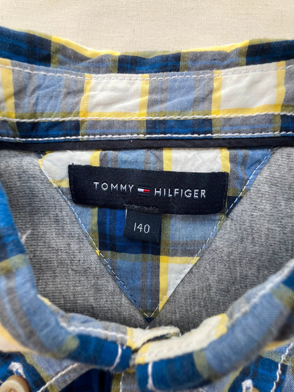 Tommy Hilfiger blue and yellow checkered button-down tunic blouse, lightweight cotton.