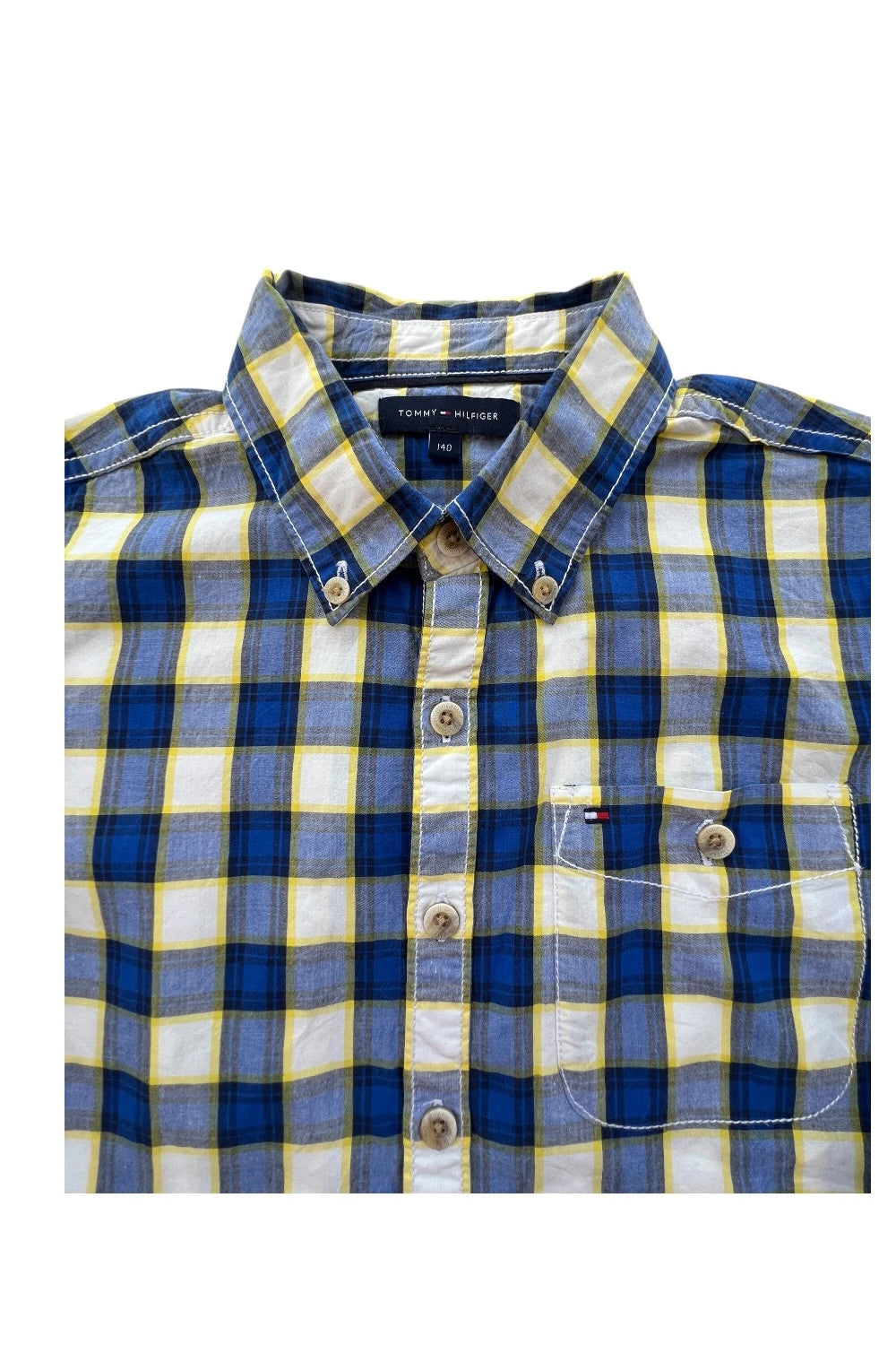 Tommy Hilfiger blue and yellow checkered button-down tunic blouse, lightweight cotton.