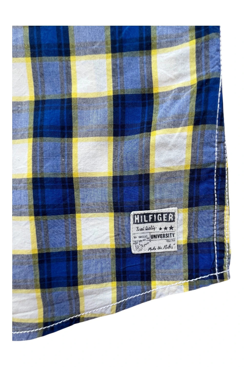 Tommy Hilfiger blue and yellow checkered button-down tunic blouse, lightweight cotton.