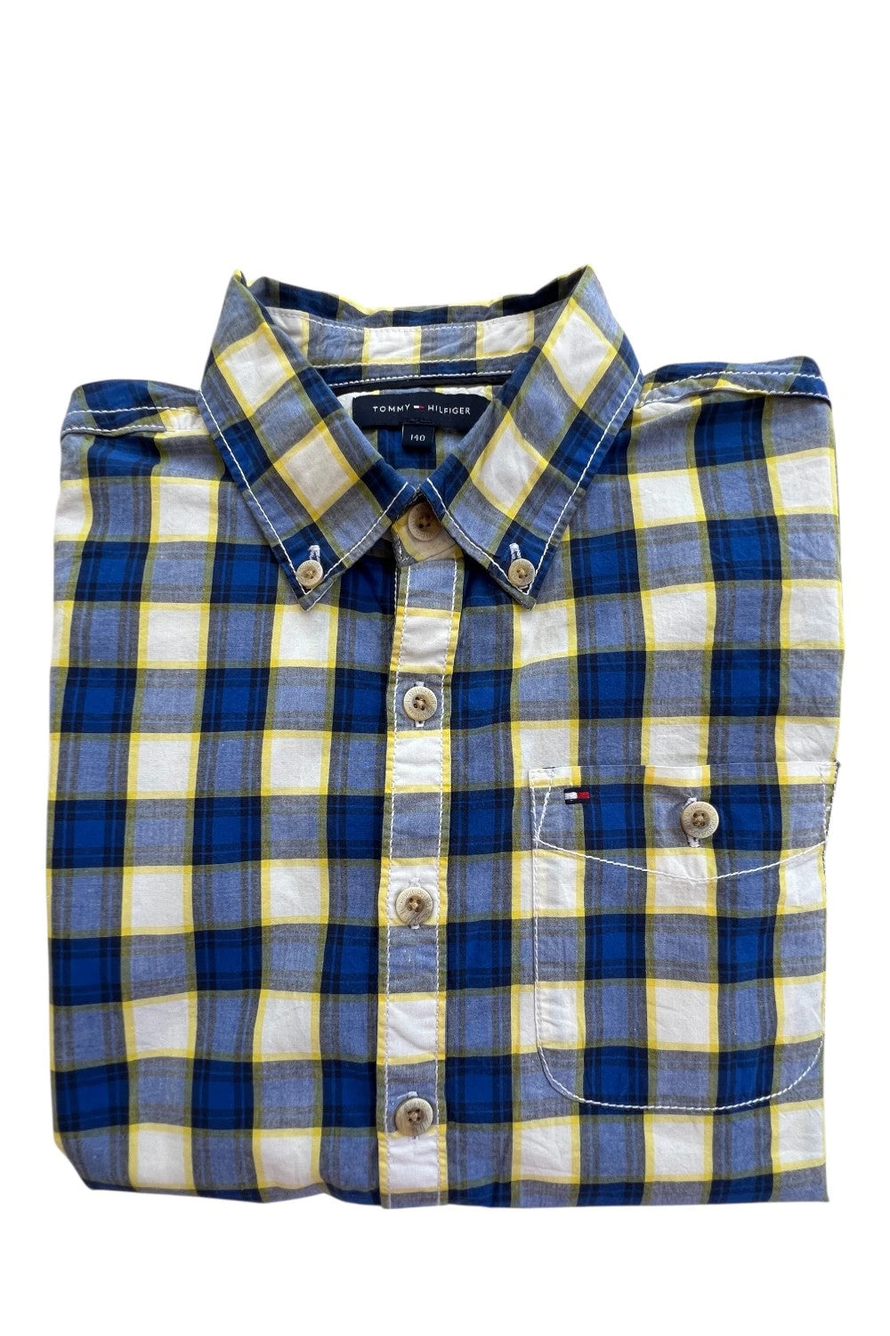 Tommy Hilfiger blue and yellow checkered button-down tunic blouse, lightweight cotton.