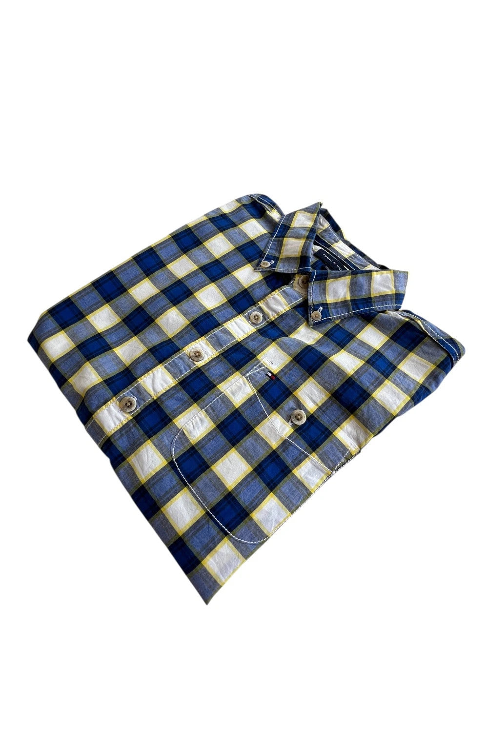 Tommy Hilfiger blue and yellow checkered button-down tunic blouse, lightweight cotton.