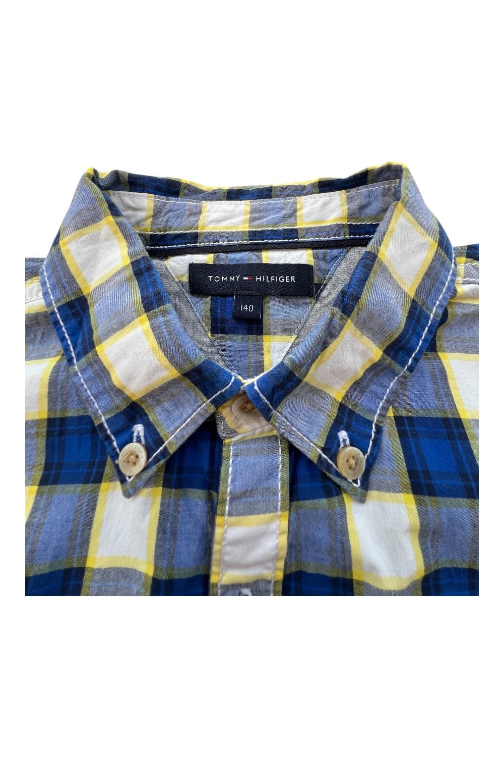 Tommy Hilfiger blue and yellow checkered button-down tunic blouse, lightweight cotton.