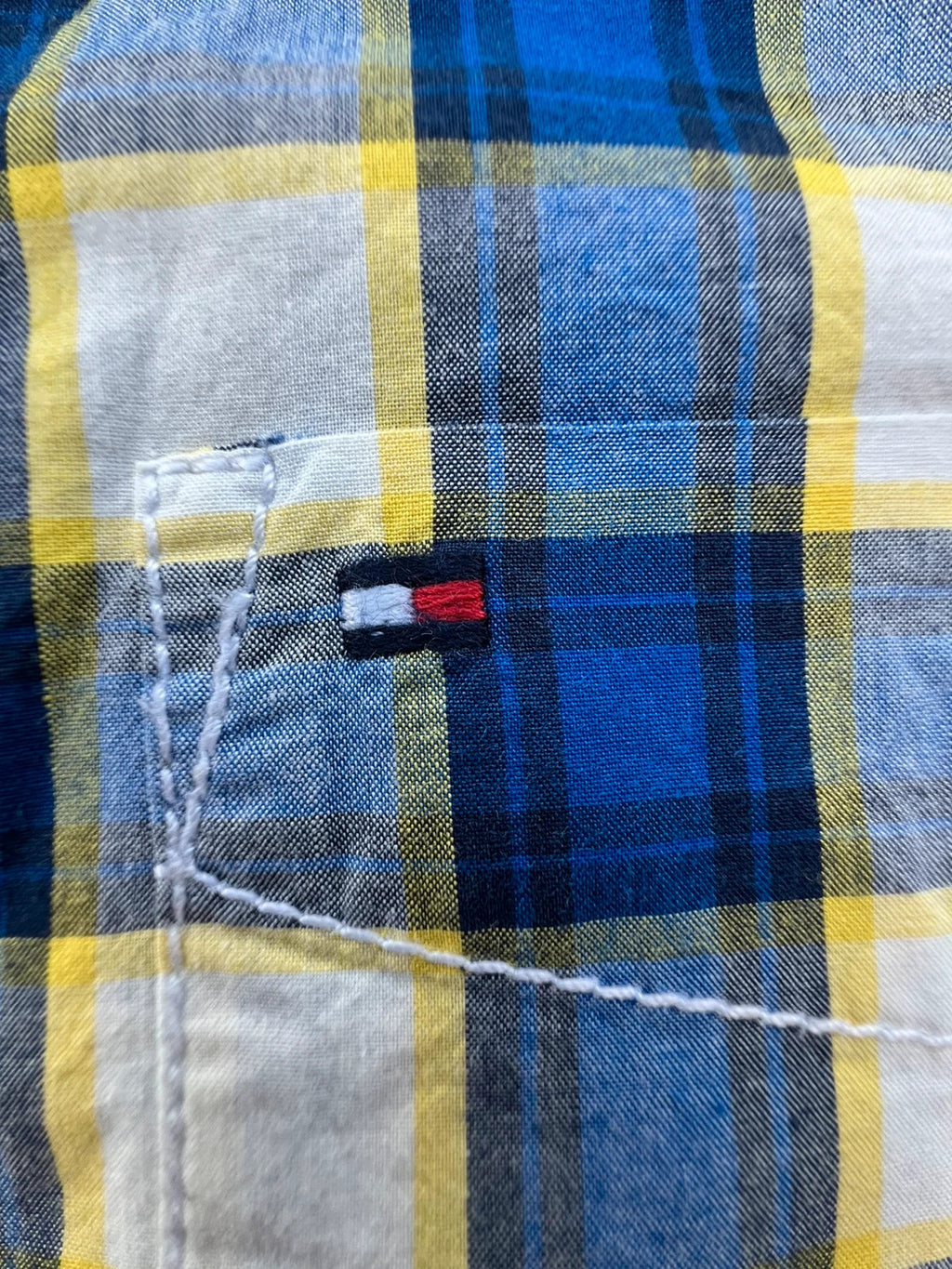 Tommy Hilfiger blue and yellow checkered button-down tunic blouse, lightweight cotton.