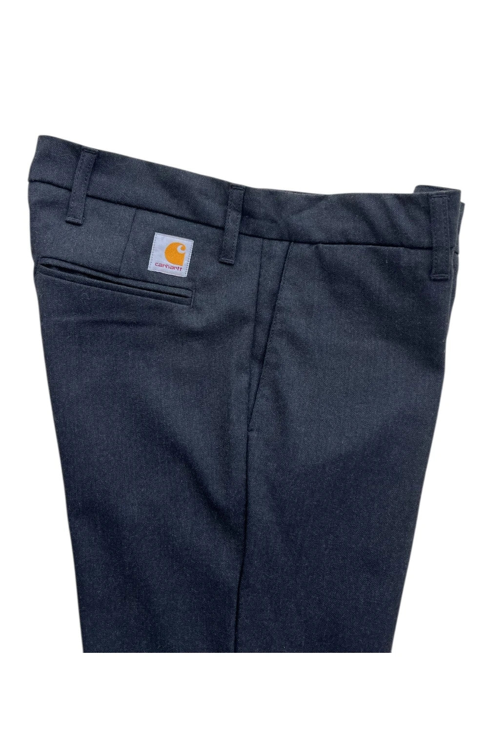 Carhartt grey chino trousers straight cut, durable fabric with subtle elastic stretch.