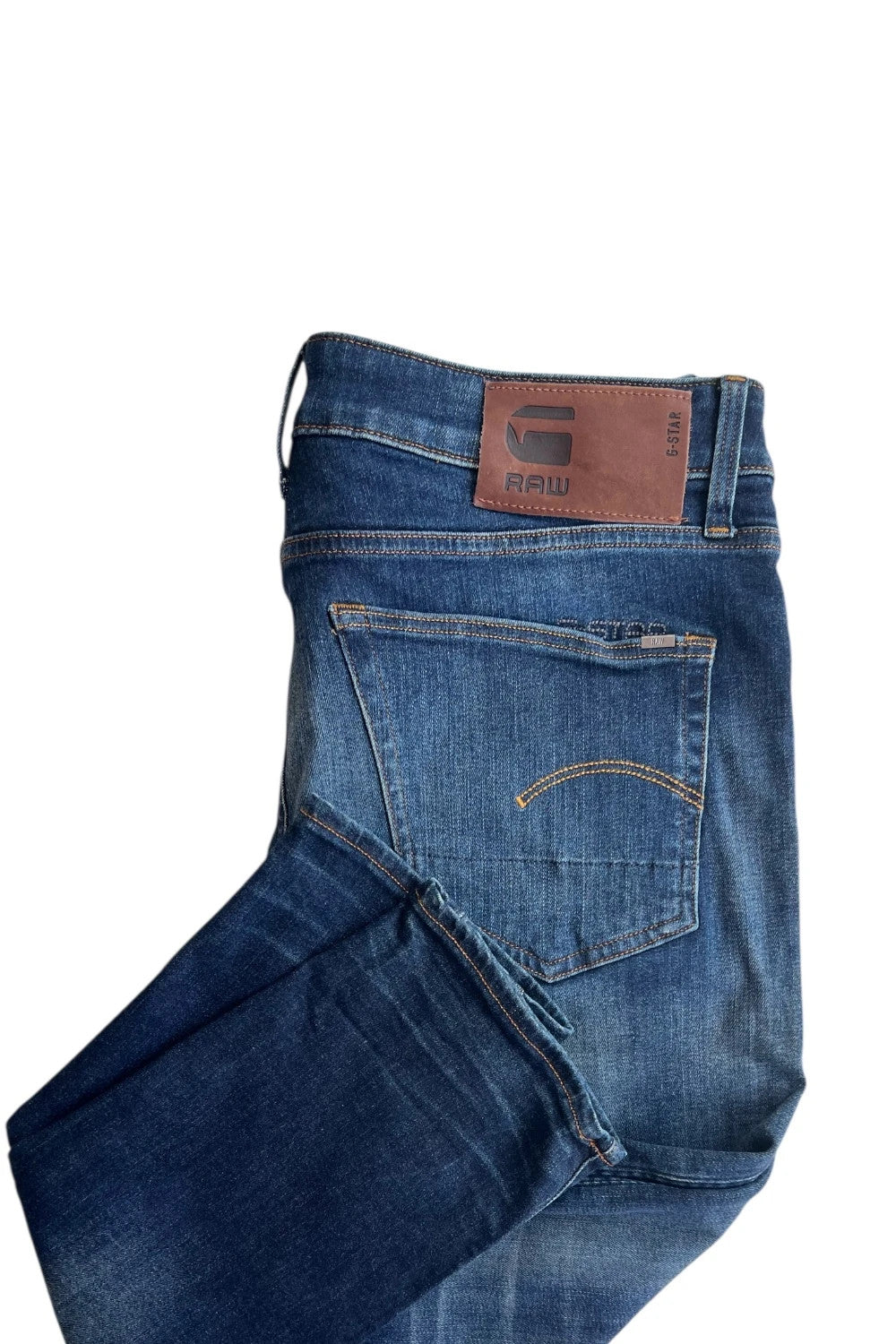 G-Star blue slim jeans 3301 with classic style and denim material.