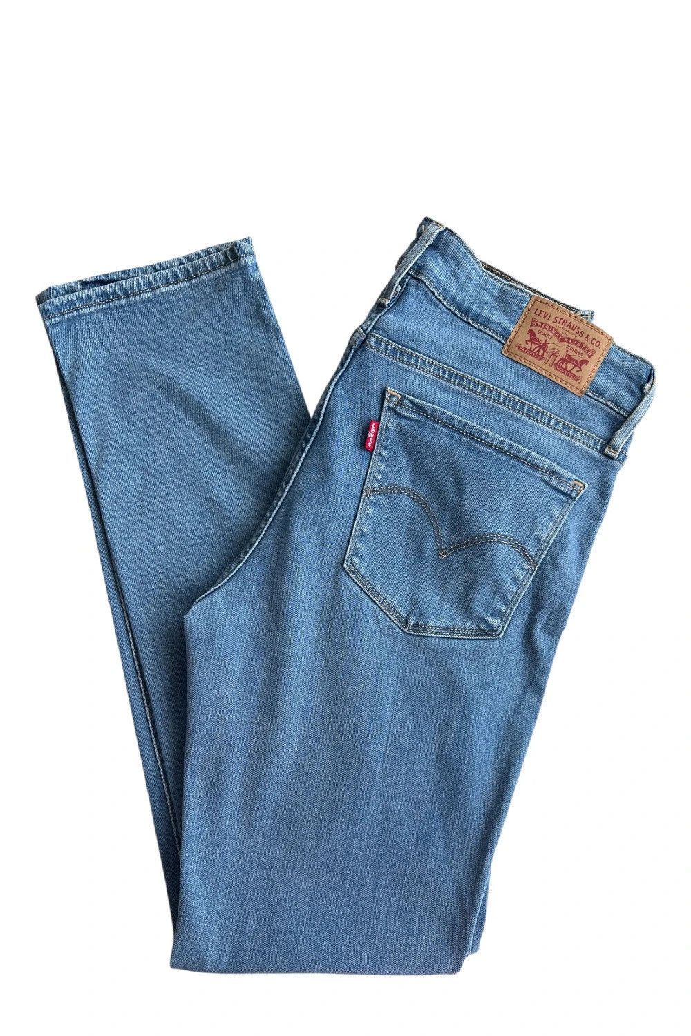 Levi's blue straight jeans with elastic denim, classic logo, slim fit design.