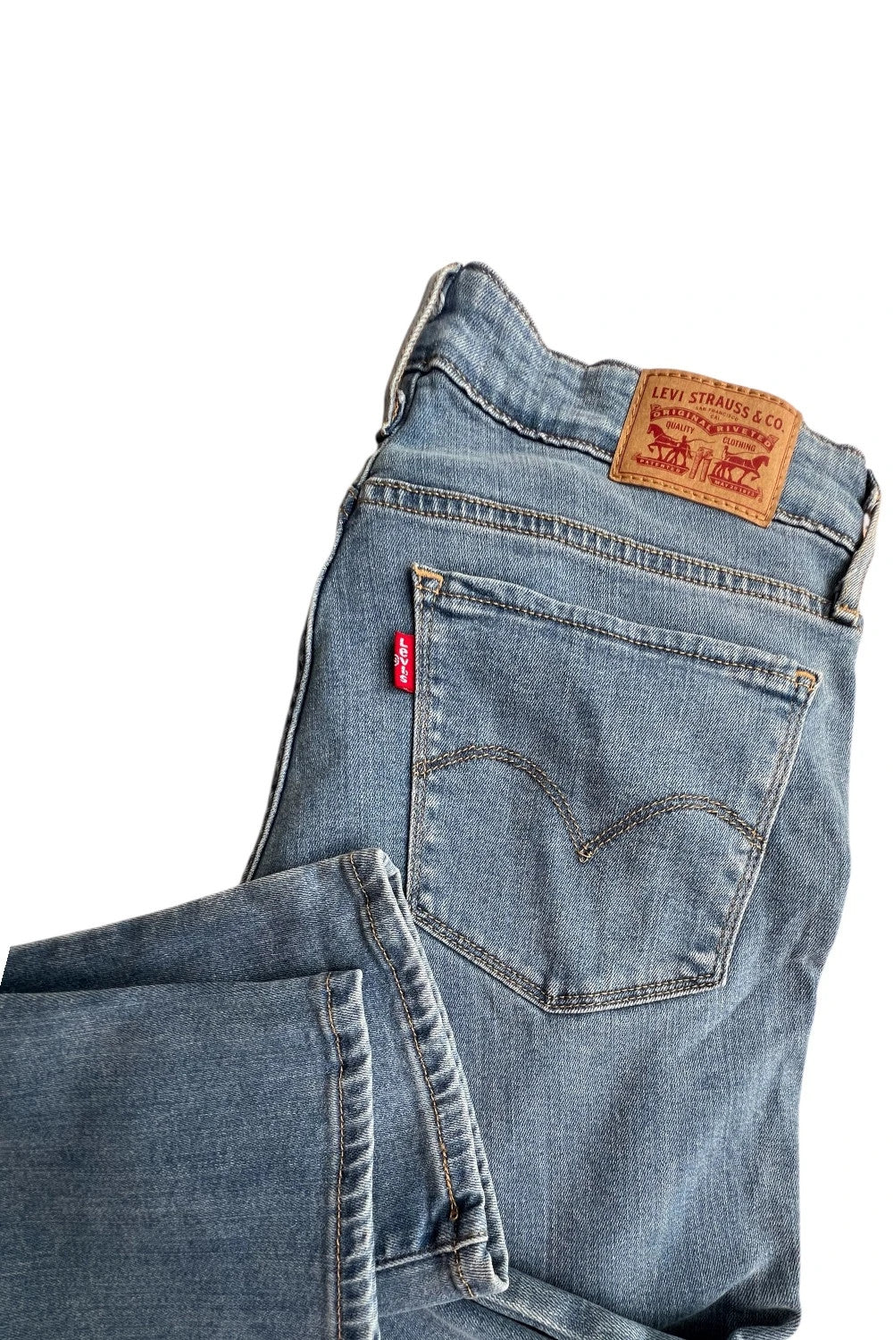 Levi's blue straight jeans with elastic denim, classic logo, slim fit design.