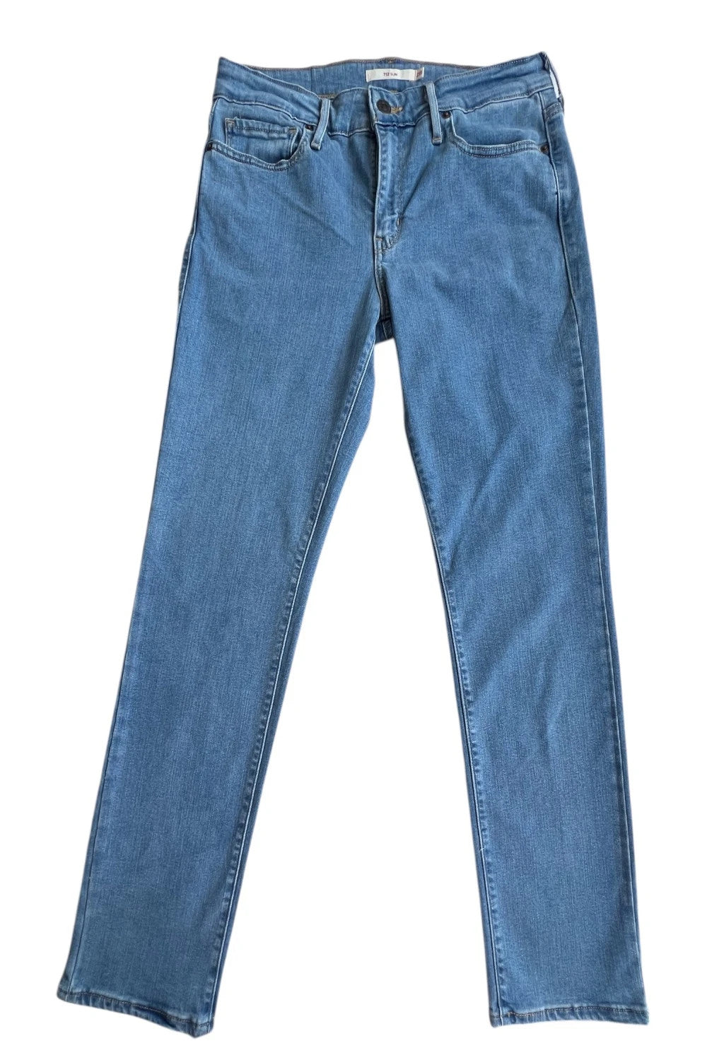 Levi's blue straight jeans with elastic denim, classic logo, slim fit design.