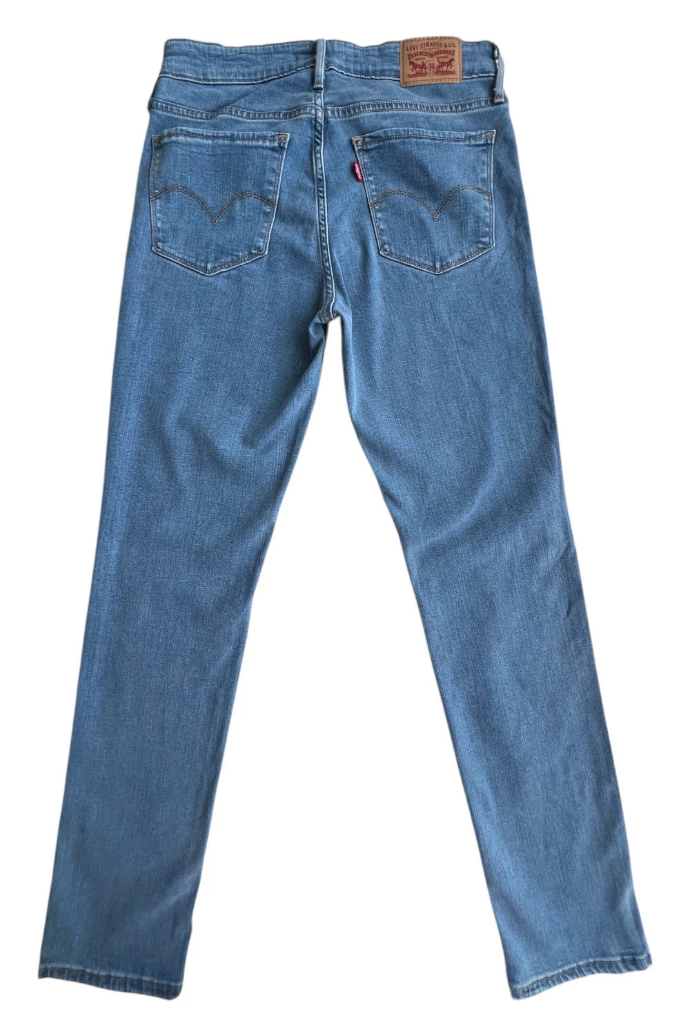Levi's blue straight jeans with elastic denim, classic logo, slim fit design.