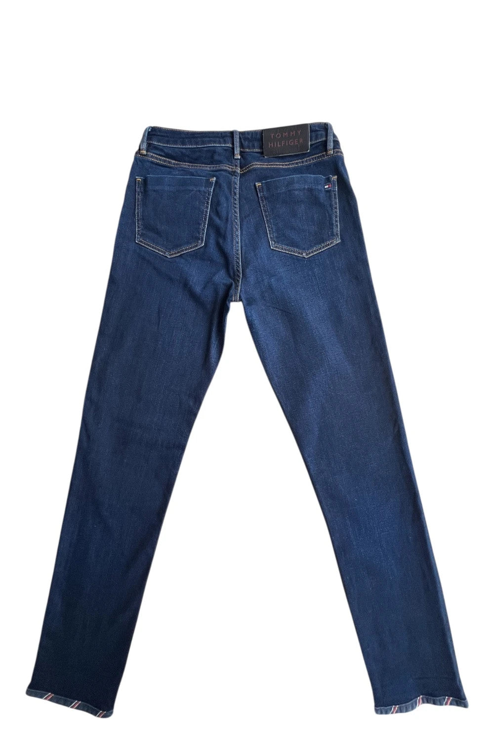 Tommy Hilfiger navy slim tapered jeans, Riverpoint model, elastic denim, casual style.