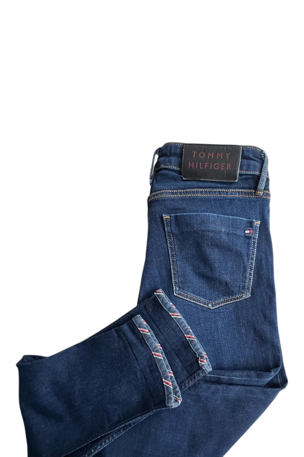 Tommy Hilfiger navy slim tapered jeans, Riverpoint model, elastic denim, casual style.