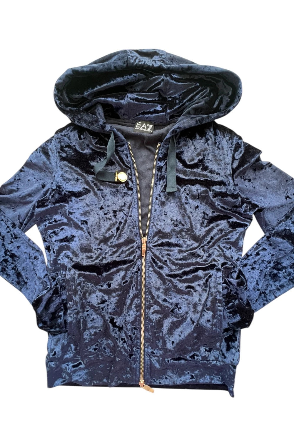 Emporio Armani navy velour hoodie with elegant embroidery and full zipper.