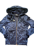 Emporio Armani navy velour hoodie with elegant embroidery and full zipper.