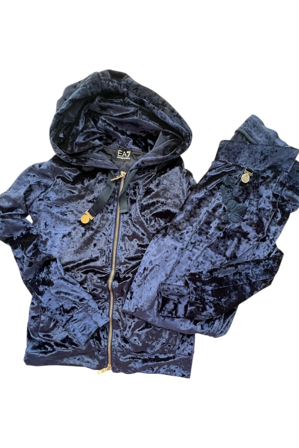 Emporio Armani navy velour hoodie with elegant embroidery and full zipper.