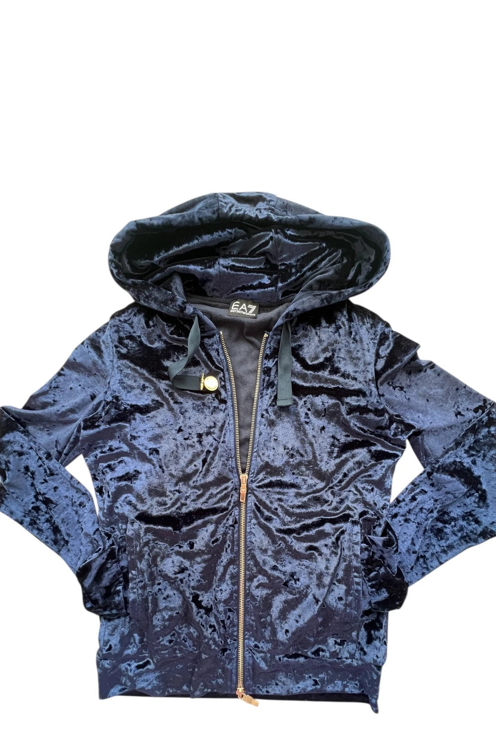 Emporio Armani navy velour hoodie with elegant embroidery and full zipper.