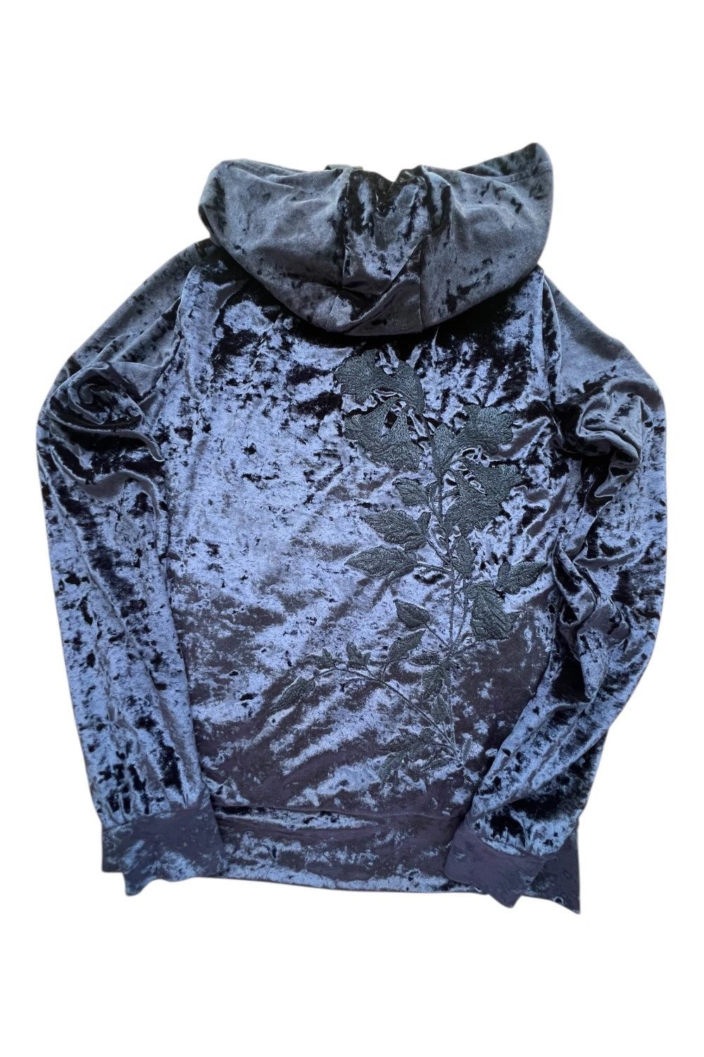 Emporio Armani navy velour hoodie with elegant embroidery and full zipper.