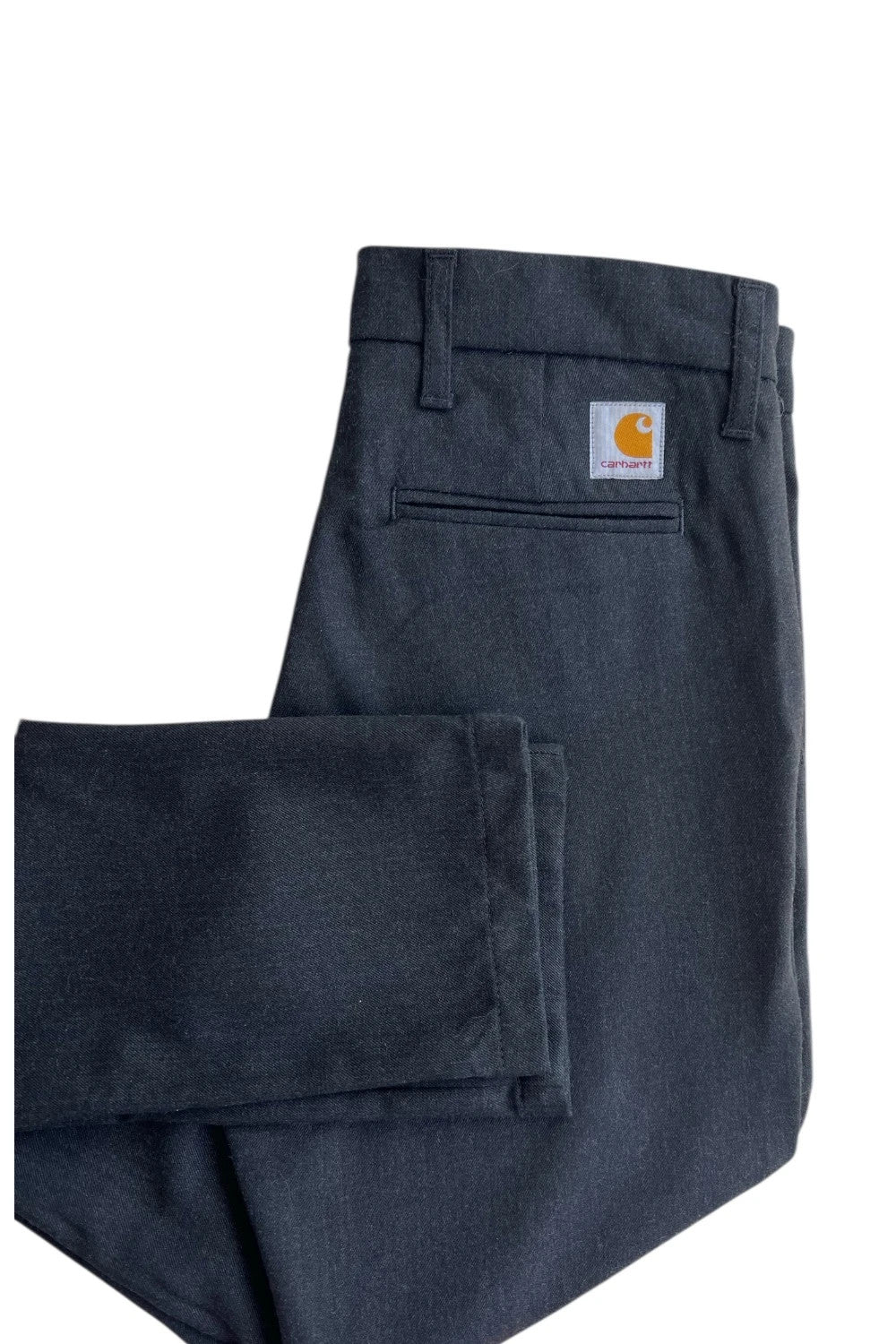 Carhartt grey chino trousers straight cut, durable fabric with subtle elastic stretch.