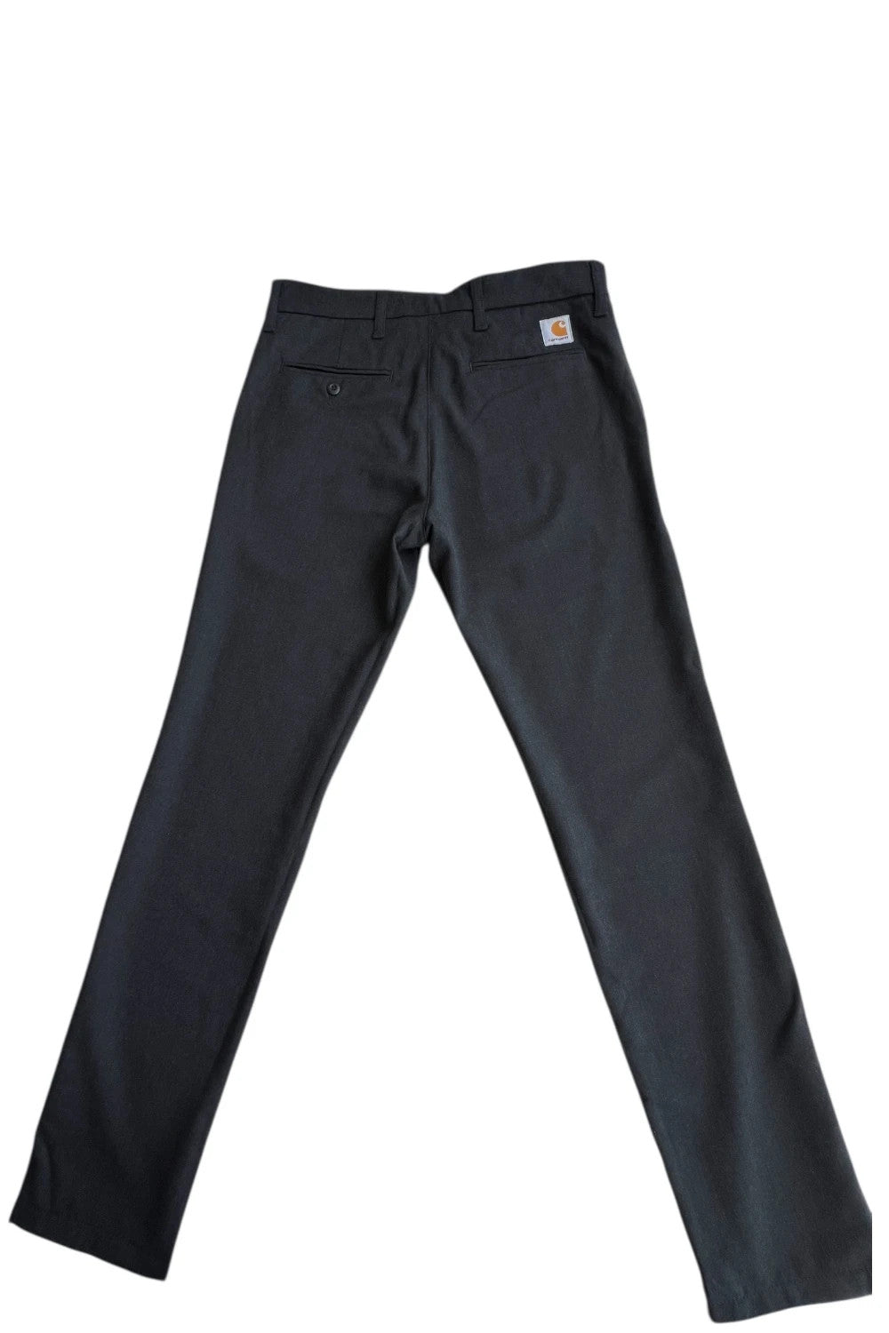 Carhartt grey chino trousers straight cut, durable fabric with subtle elastic stretch.
