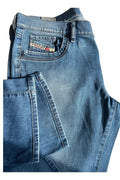 Diesel blue bootcut jeans with vintage casual style and Y2K flair.