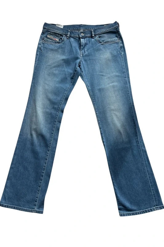 Diesel blue bootcut jeans with vintage casual style and Y2K flair.