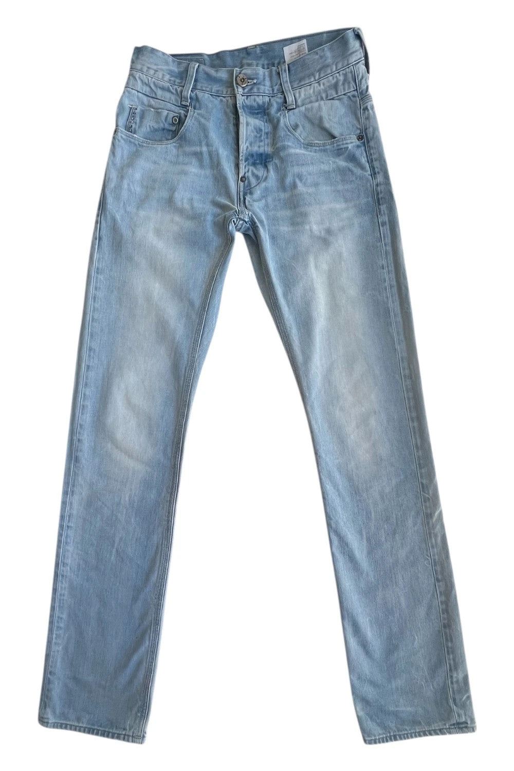 G-Star light blue straight jeans with subtle wear, Y2K style, and logo details.