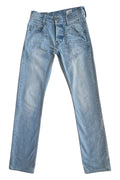 G-Star light blue straight jeans with subtle wear, Y2K style, and logo details.