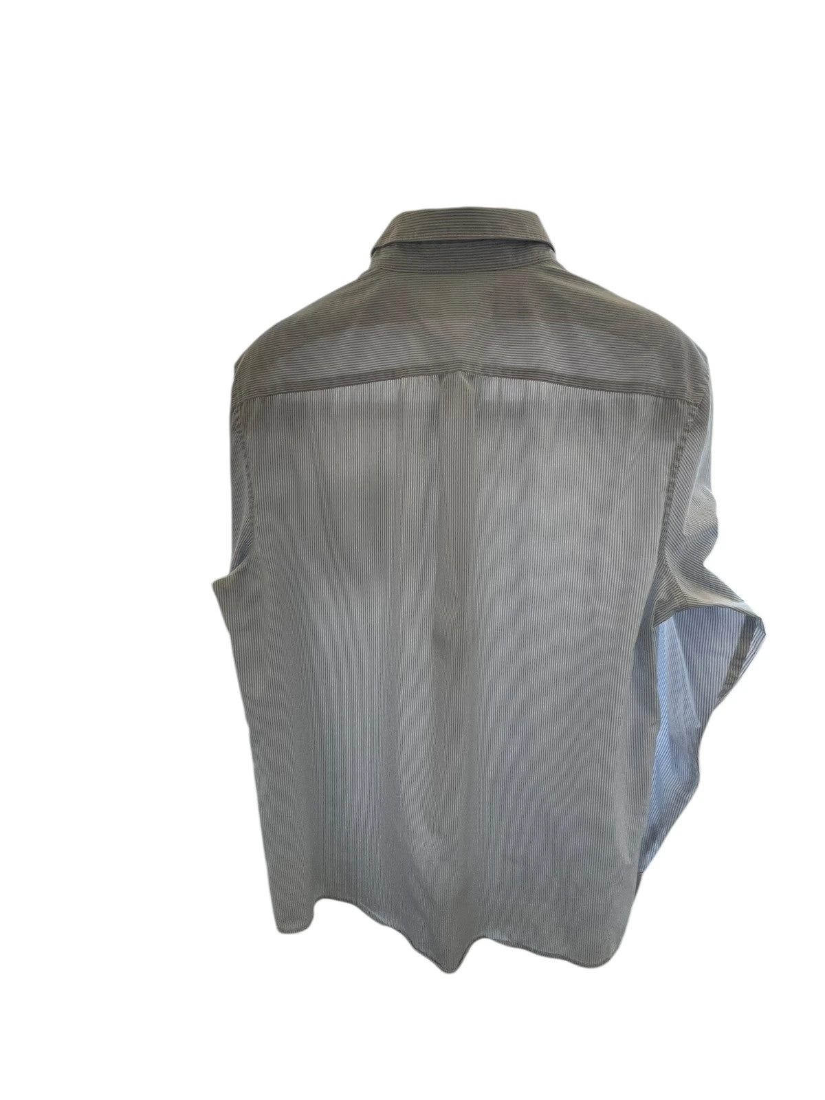 Penguin blue and white striped button down shirt with casual collar and subtle imperfections.