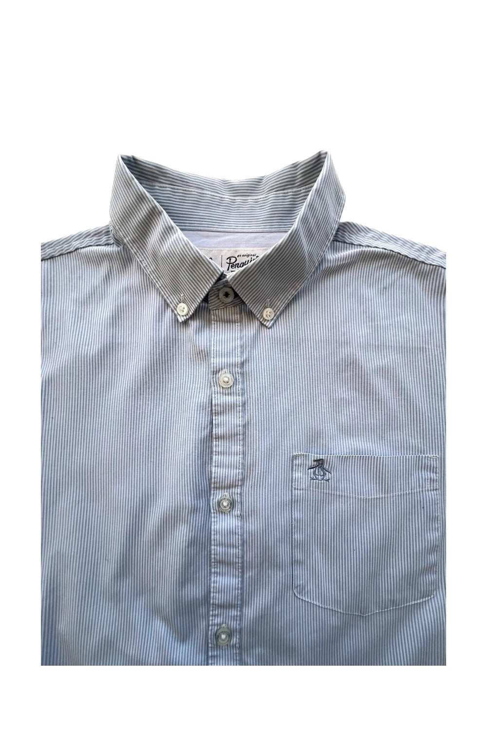 Penguin blue and white striped button down shirt with casual collar and subtle imperfections.