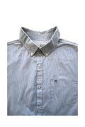 Penguin blue and white striped button down shirt with casual collar and subtle imperfections.