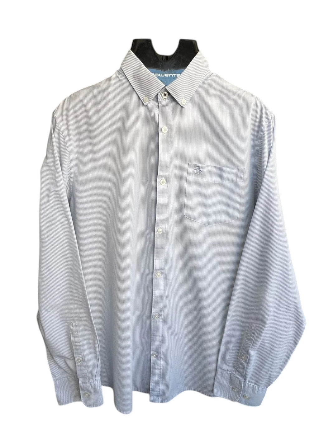 Penguin blue and white striped button down shirt with casual collar and subtle imperfections.