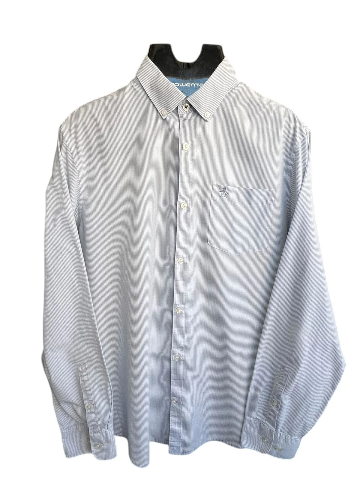 Penguin blue and white striped button down shirt with casual collar and subtle imperfections.