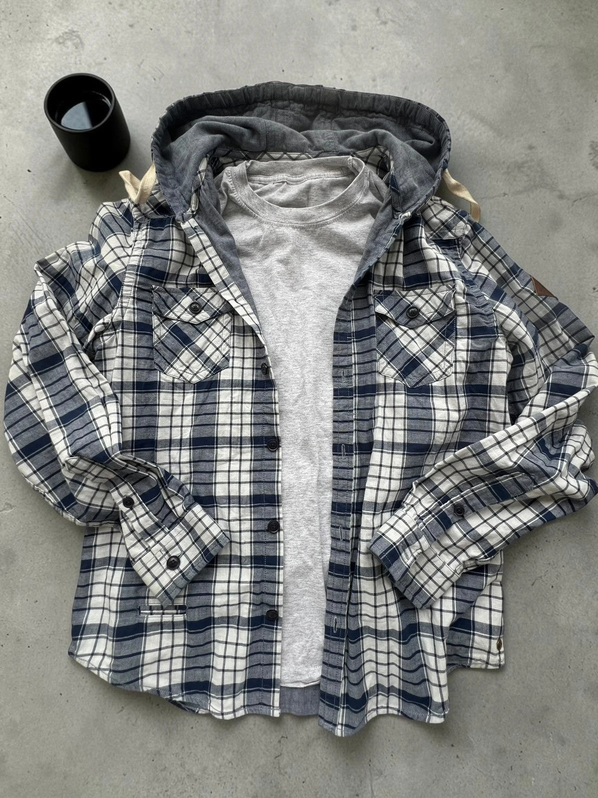 Bonobo navy and white checkered hoodie with hood, loose fit, new without tags.