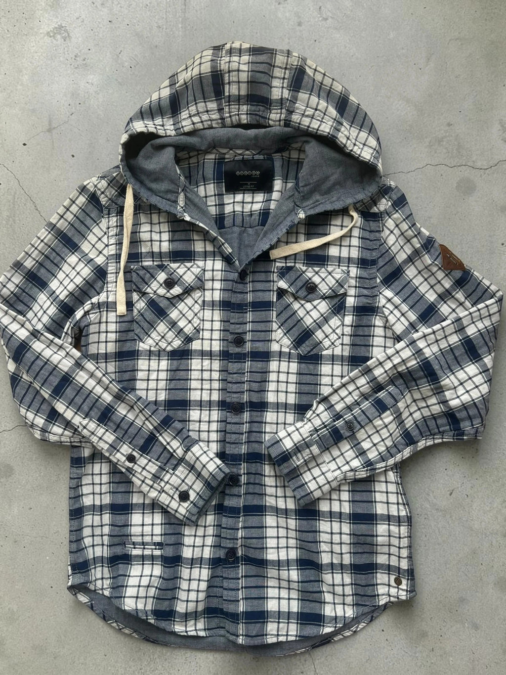 Bonobo navy and white checkered hoodie with hood, loose fit, new without tags.