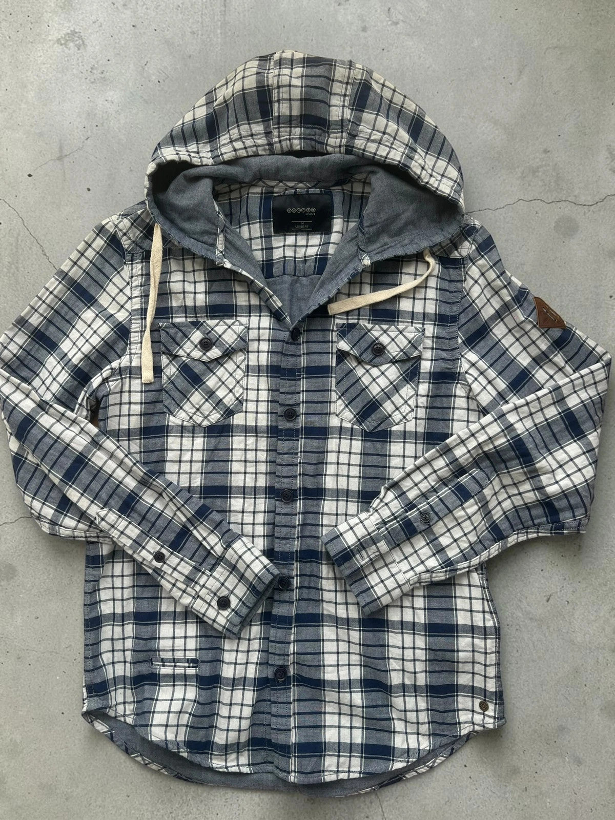 Bonobo navy and white checkered hoodie with hood, loose fit, new without tags.