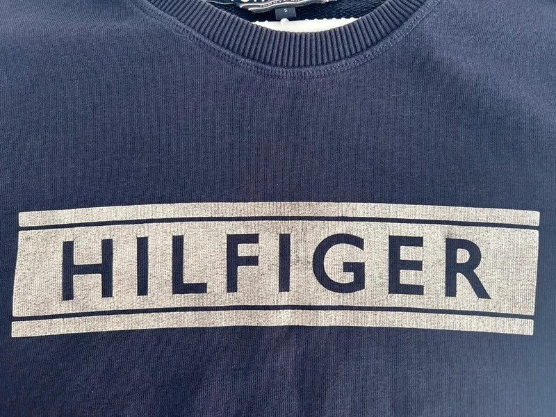 Tommy Hilfiger navy sweatshirt vintage logo front detail, size S, excellent condition.