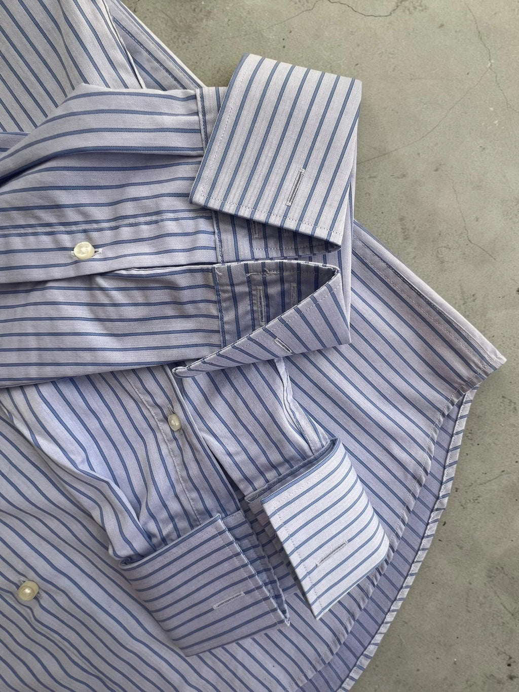 Hugo Boss blue striped formal shirt with cufflink buttons and regular fit.